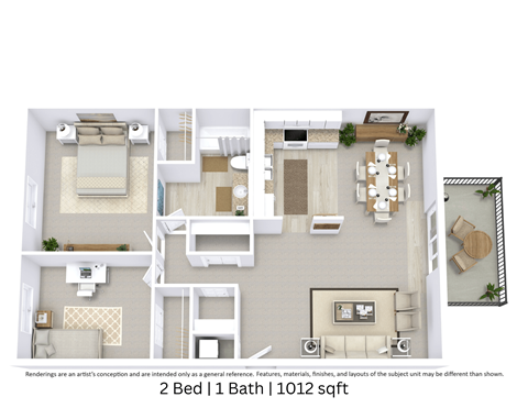 This is a 3D-floor plan providing a detailed, angled view of the space with room layouts, furniture placement, and spatial flow. Features 2 bedroom/s, 1 bathroom/s, and approximately 1012 Sq. Ft